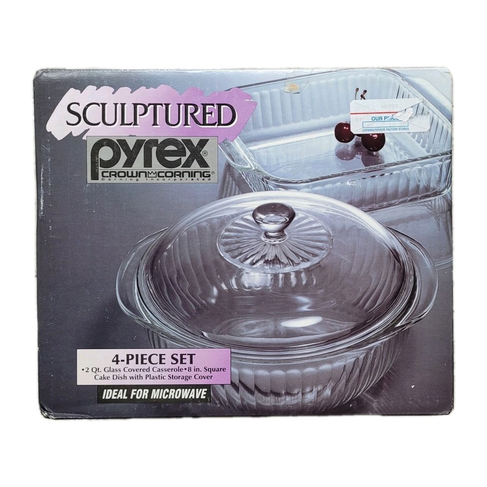 NOS Vintage Pyrex Sculptured 4-Pc Set New in Box 2qt Casserole & 8" Square Dish